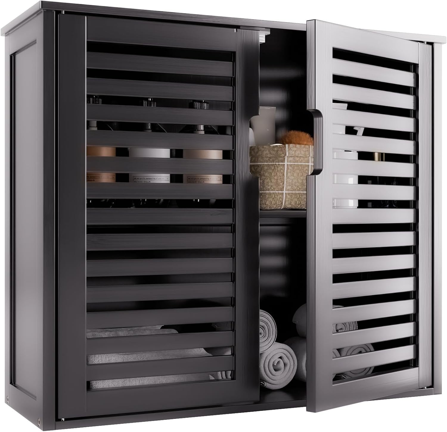 Black Bathroom Wall Cabinet Storage 2 Door Bamboo Unit Adjustable Shelf
