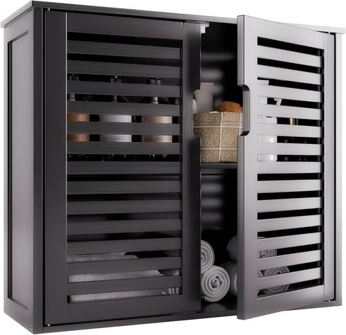 Black Bathroom Wall Cabinet Storage 2 Door Bamboo Unit Adjustable Shelf