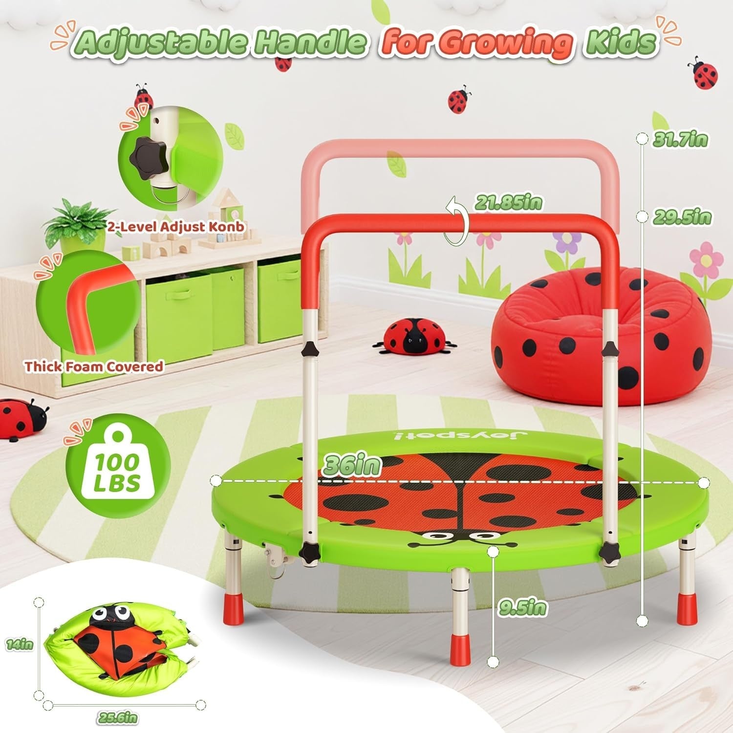 3FT Toddler Trampoline Foldable Mini Jumper Adjustable Handle Kids 36”