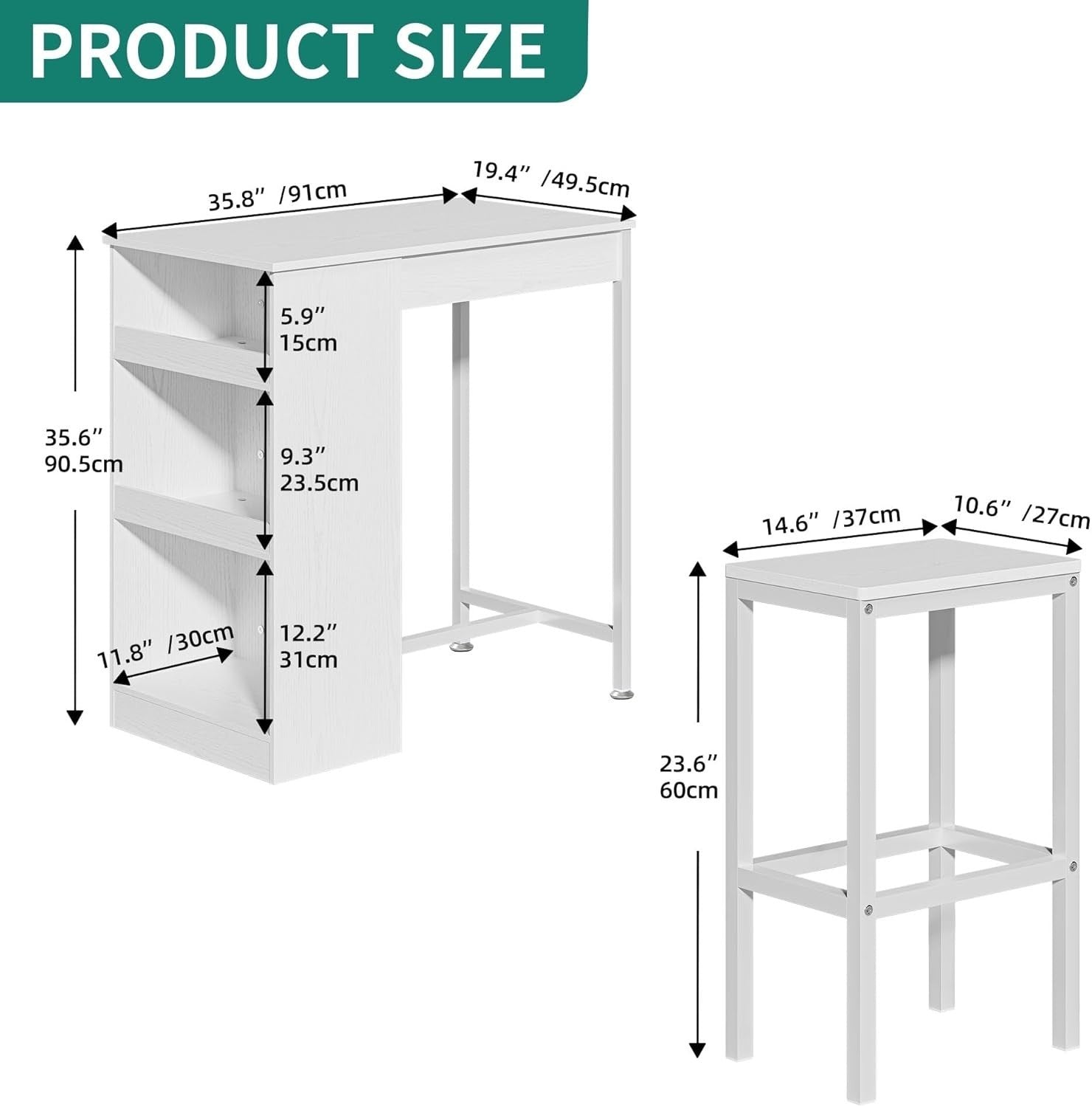 White Breakfast Bar Table Set with Storage Shelves & 2 Stools Space Saving