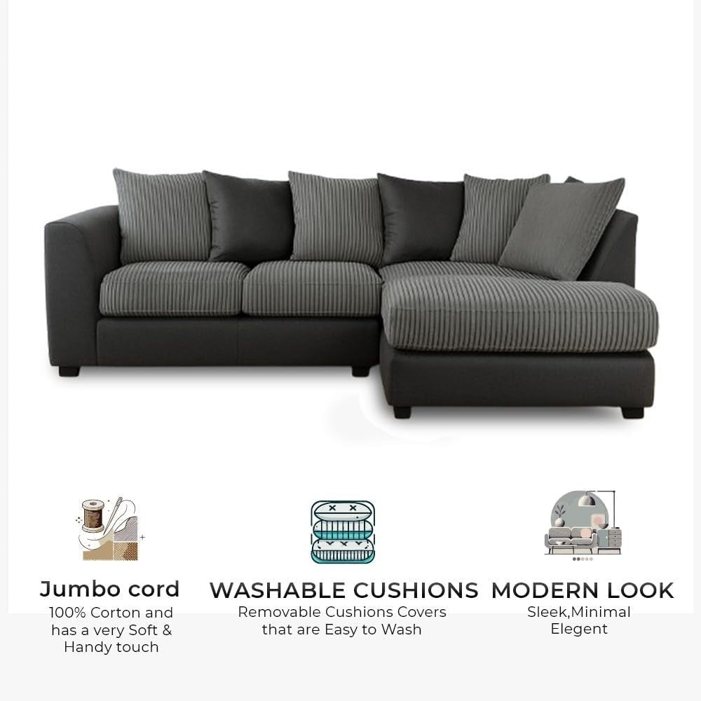 Grey L Shape Corner Sofa 4 Seater – Jumbo Cord + Leather Left Hand Couch