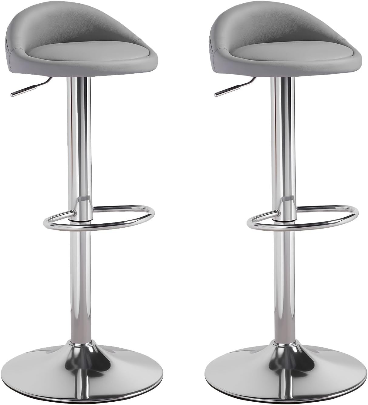 Grey Faux Leather Bar Stool Set of 2 Round Armless Adjustable Swivel Chairs
