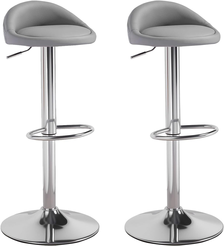 Grey Faux Leather Bar Stool Set of 2 Round Armless Adjustable Swivel Chairs