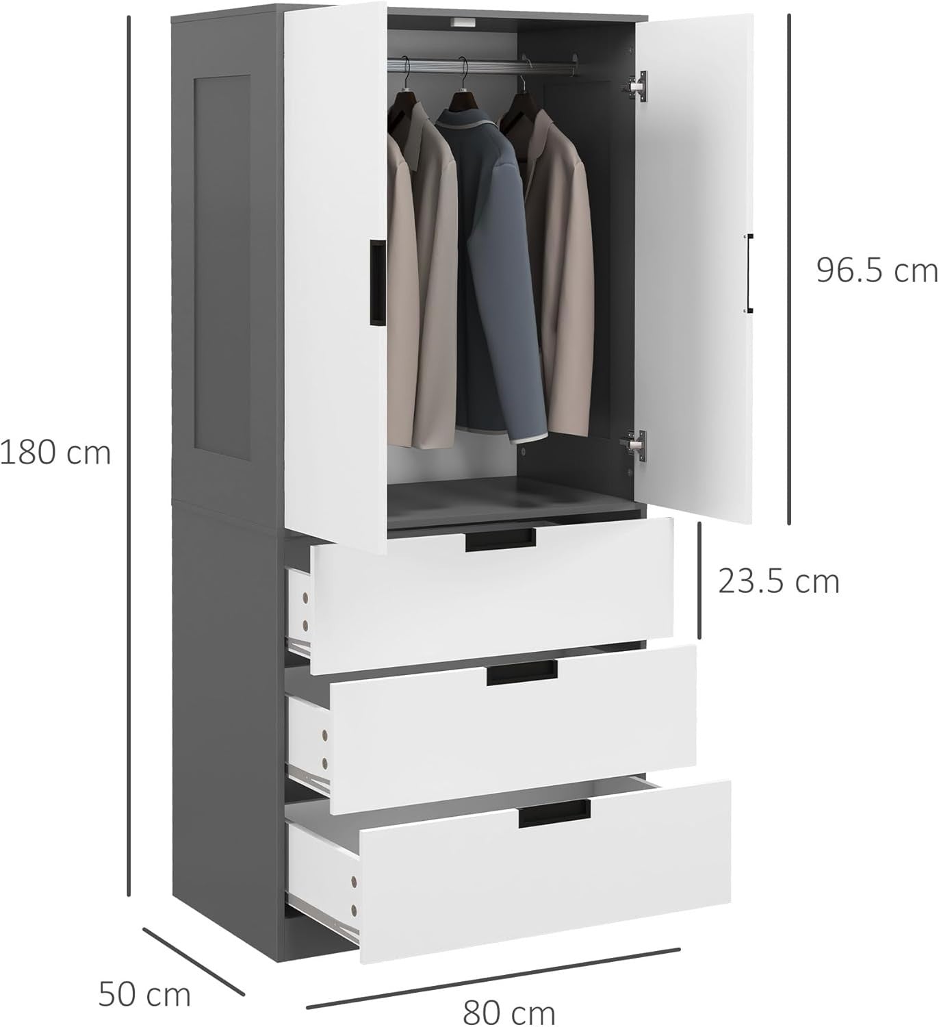 Modern 2 Door Wardrobe with 3 Drawers & Hanging Rod – Scratch Resistant