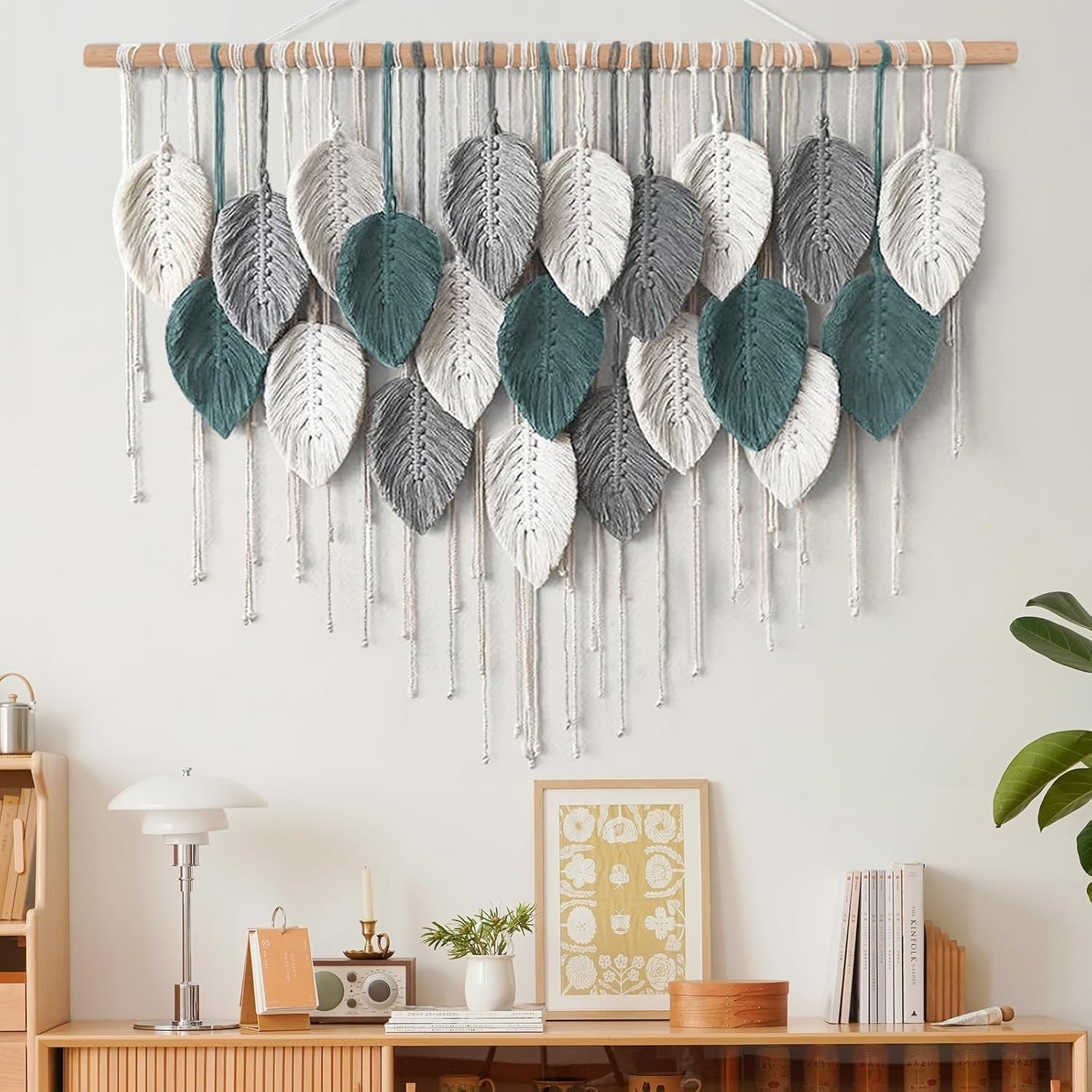 Large Macrame Wall Hanging Boho Leaf Woven Tapestry Teal