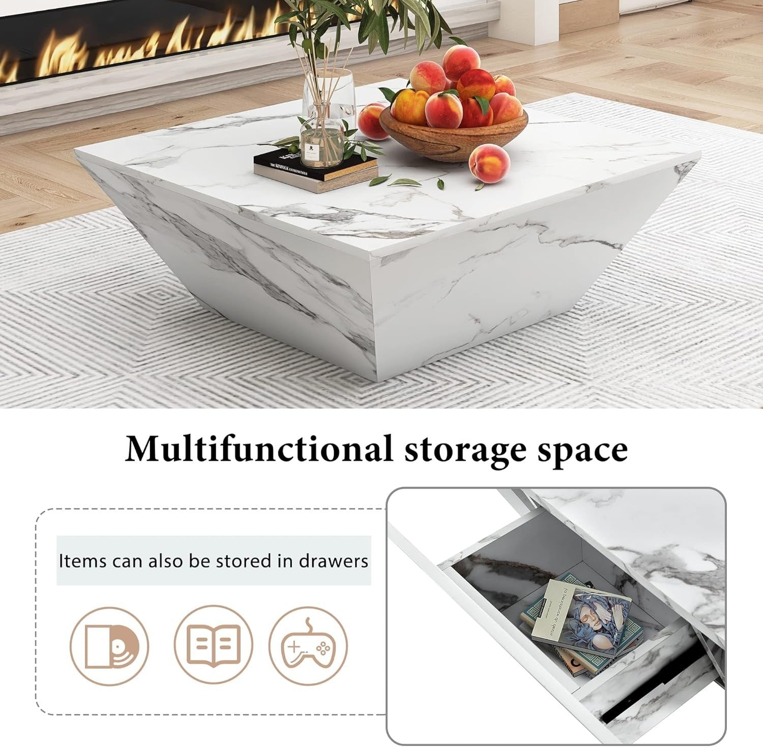 White Marble Veneer Coffee Table with Storage 70x70x36cm Square Side Table