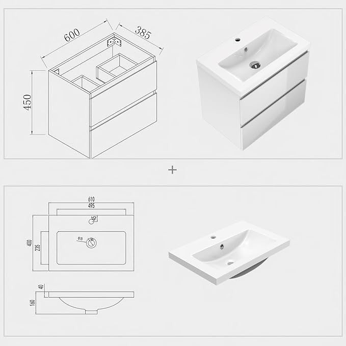 600mm White Gloss Wall Hung Bathroom Vanity Unit with Basin Sink