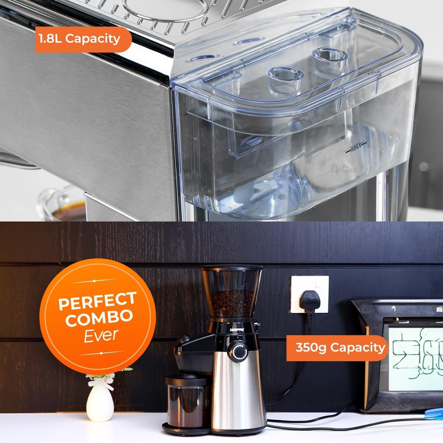 Espresso Machine 15 Bar with Milk Frother & Burr Grinder | 1.8L Tank