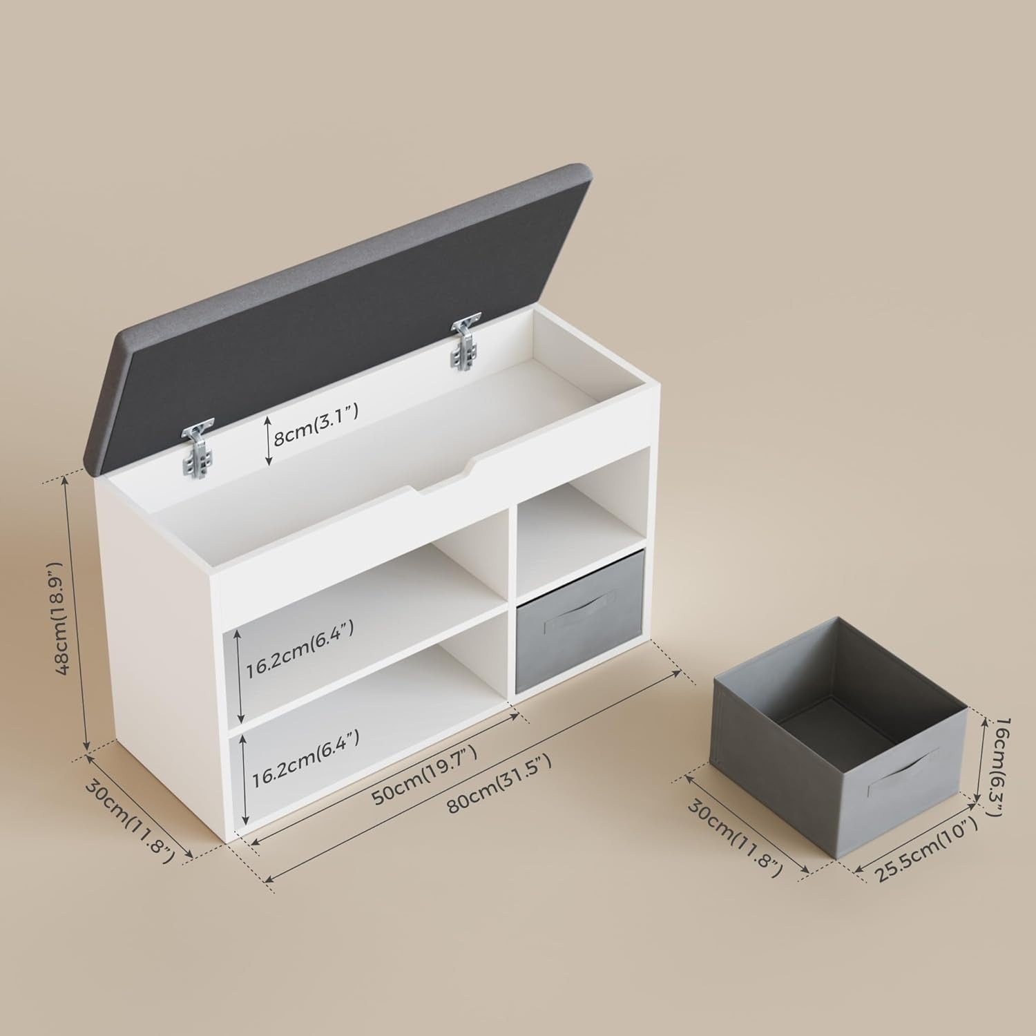 White Shoe Storage Bench with Cushion & Adjustable Shelves, 80x48x30 cm