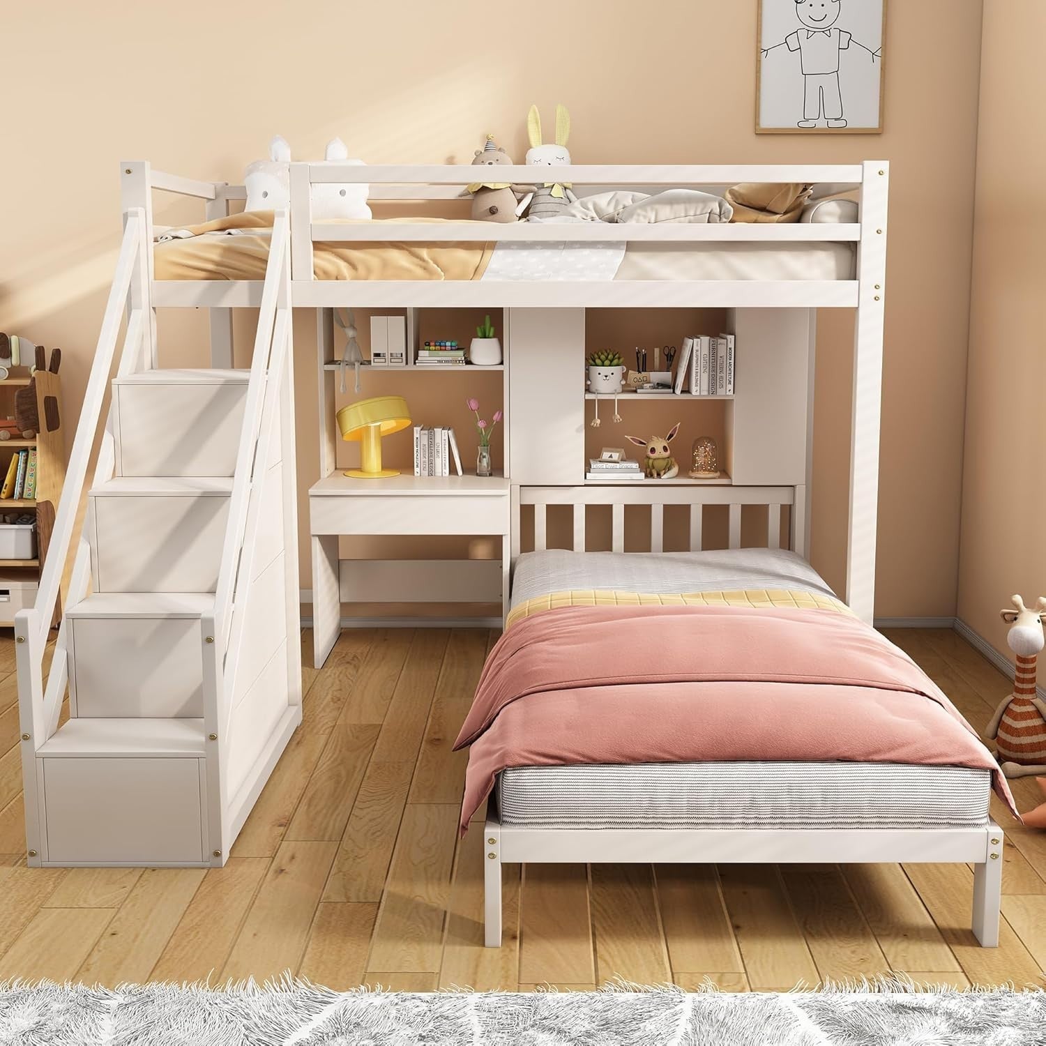 Kids Pine Wood Bunk Bed with Storage Ladder, Desk & Shelves 204x175cm