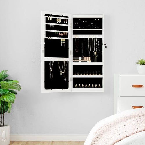 LED Wall Mounted Jewelry Armoire Frameless Mirror Lockable Storage White