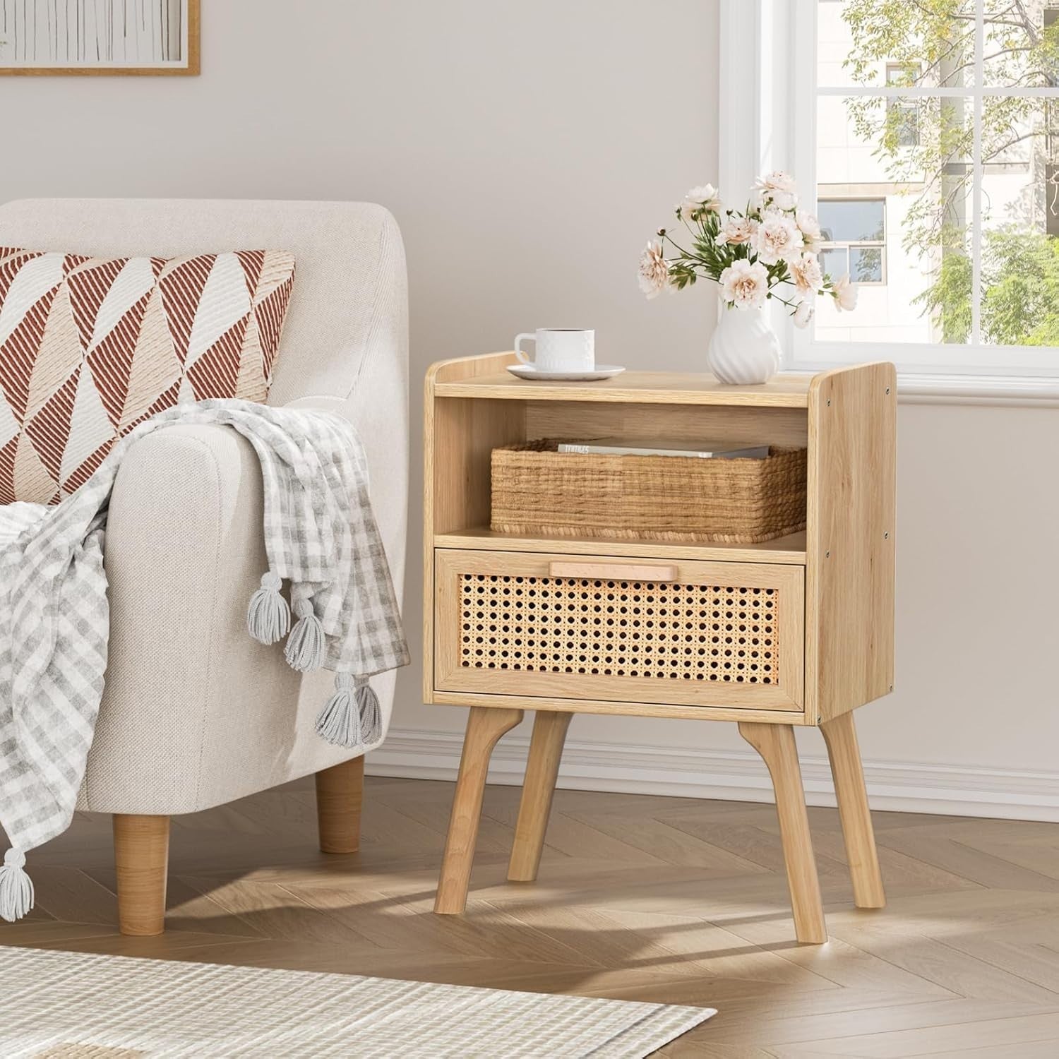 Natural Rattan Bedside Table with Drawer & Shelf – Boho Wooden Nightstand