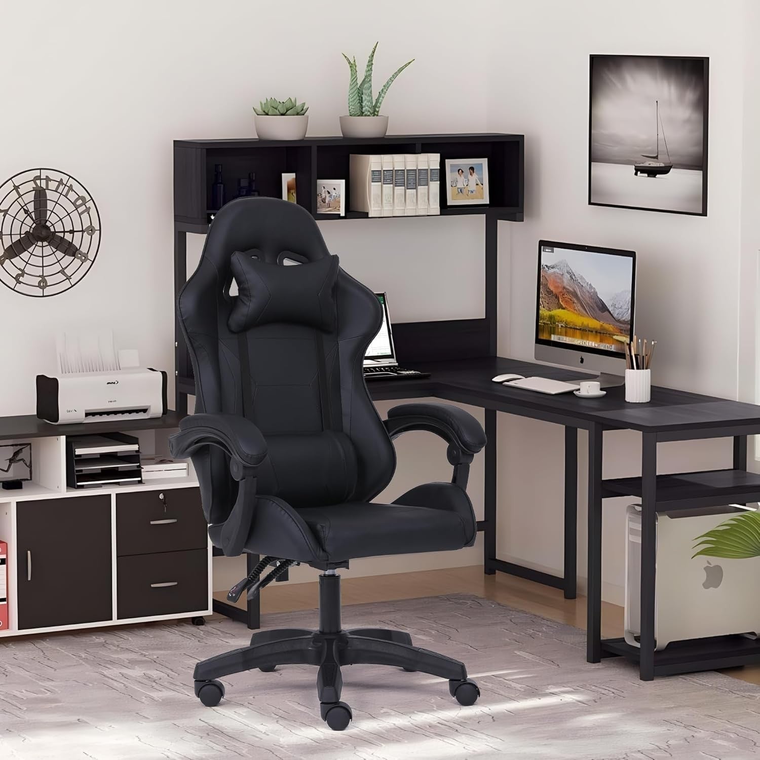 Ergonomic Gaming Chair w/ Lumbar Support Headrest Swivel Black