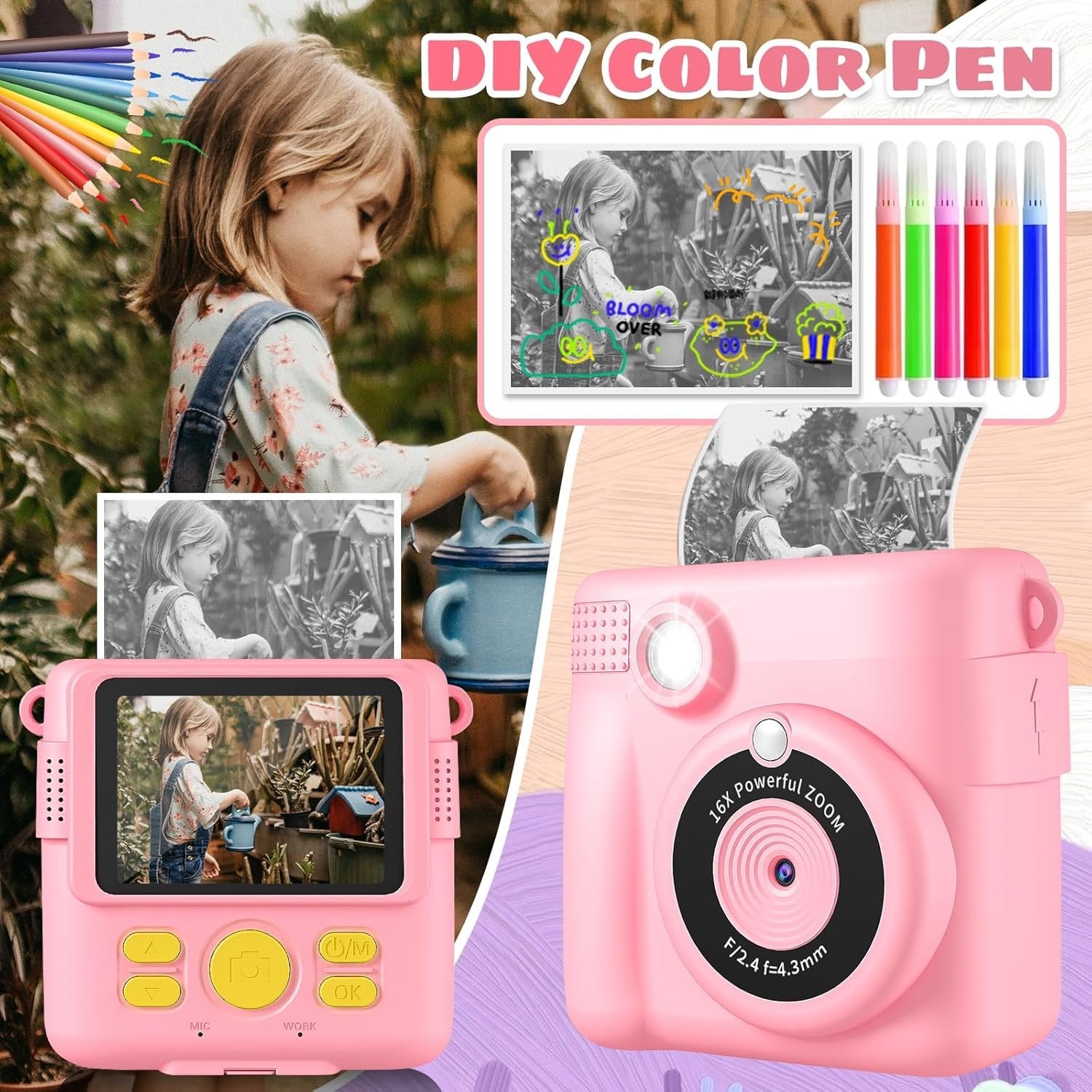 Kids Instant Print Camera Pink 1080P HD Toy Camera Gift for Girls 3–10 Years