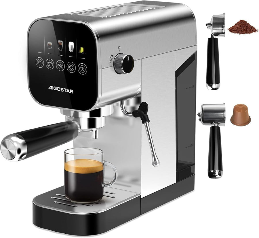 20 Bar Espresso Coffee Machine | Milk Frother Wand | Capsule & Ground Use