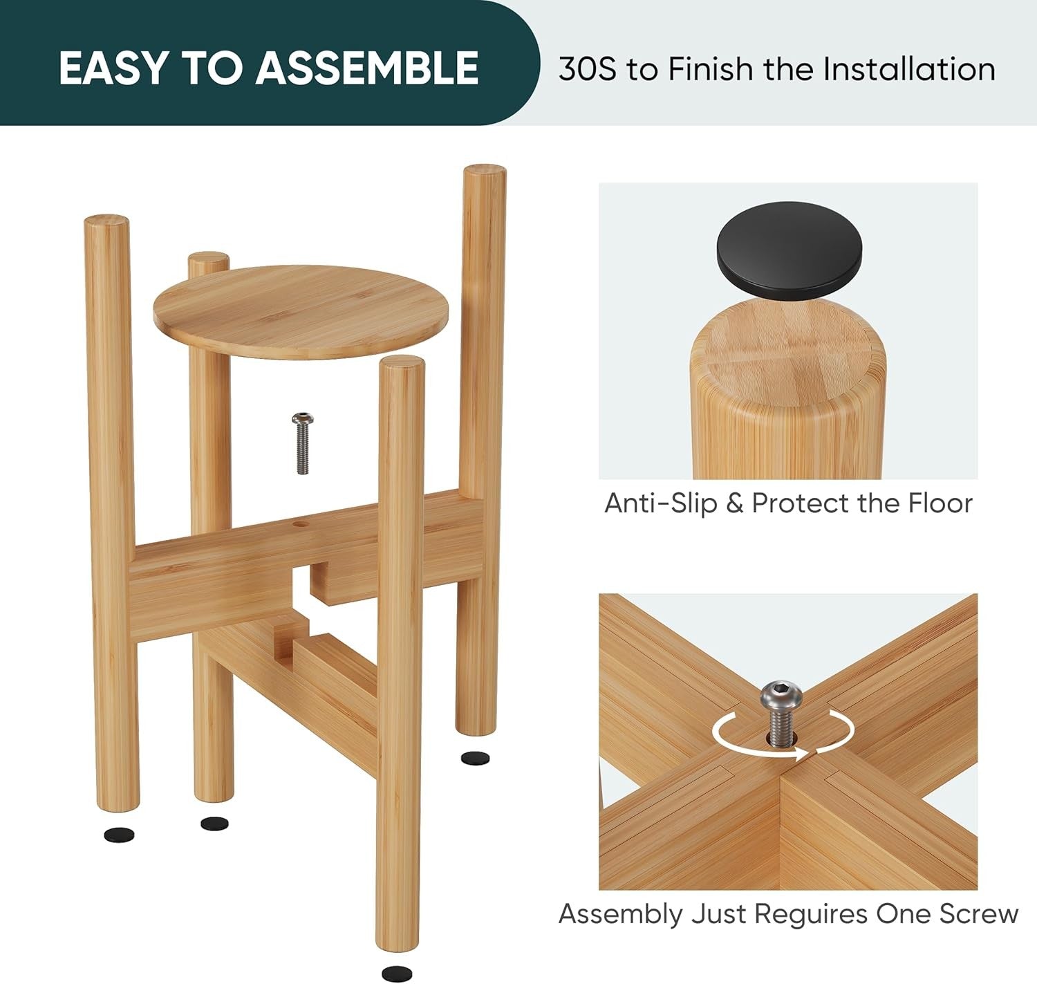 Adjustable Bamboo Plant Stand with Removable Tray | Natural Indoor Pot Holder