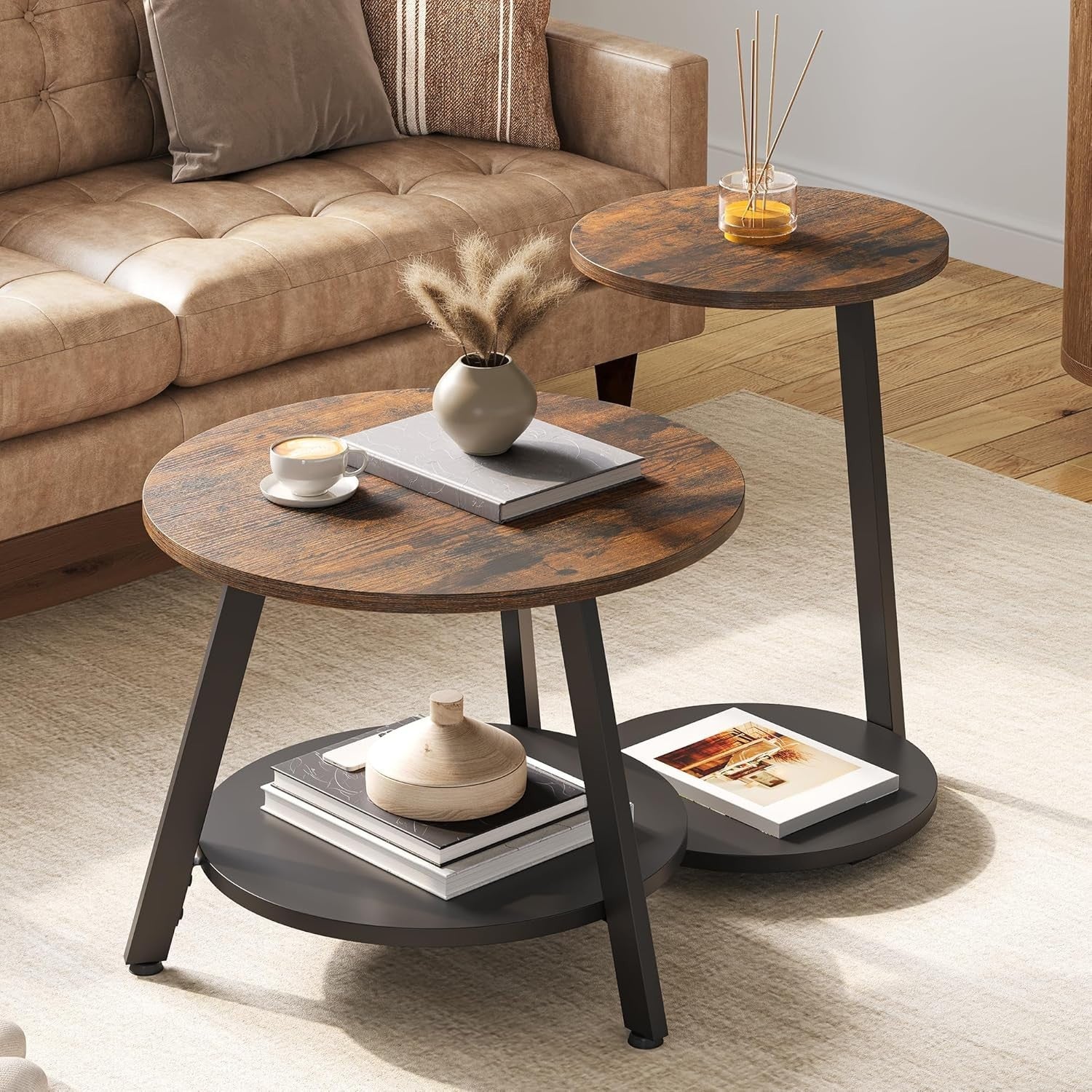 Nesting Coffee Table Set 2 Rustic Brown Round Side End Tables Storage