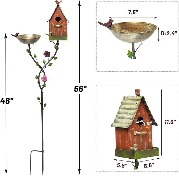 56" Metal Bird Bath with Birdhouse & Feeder – Outdoor Garden Décor