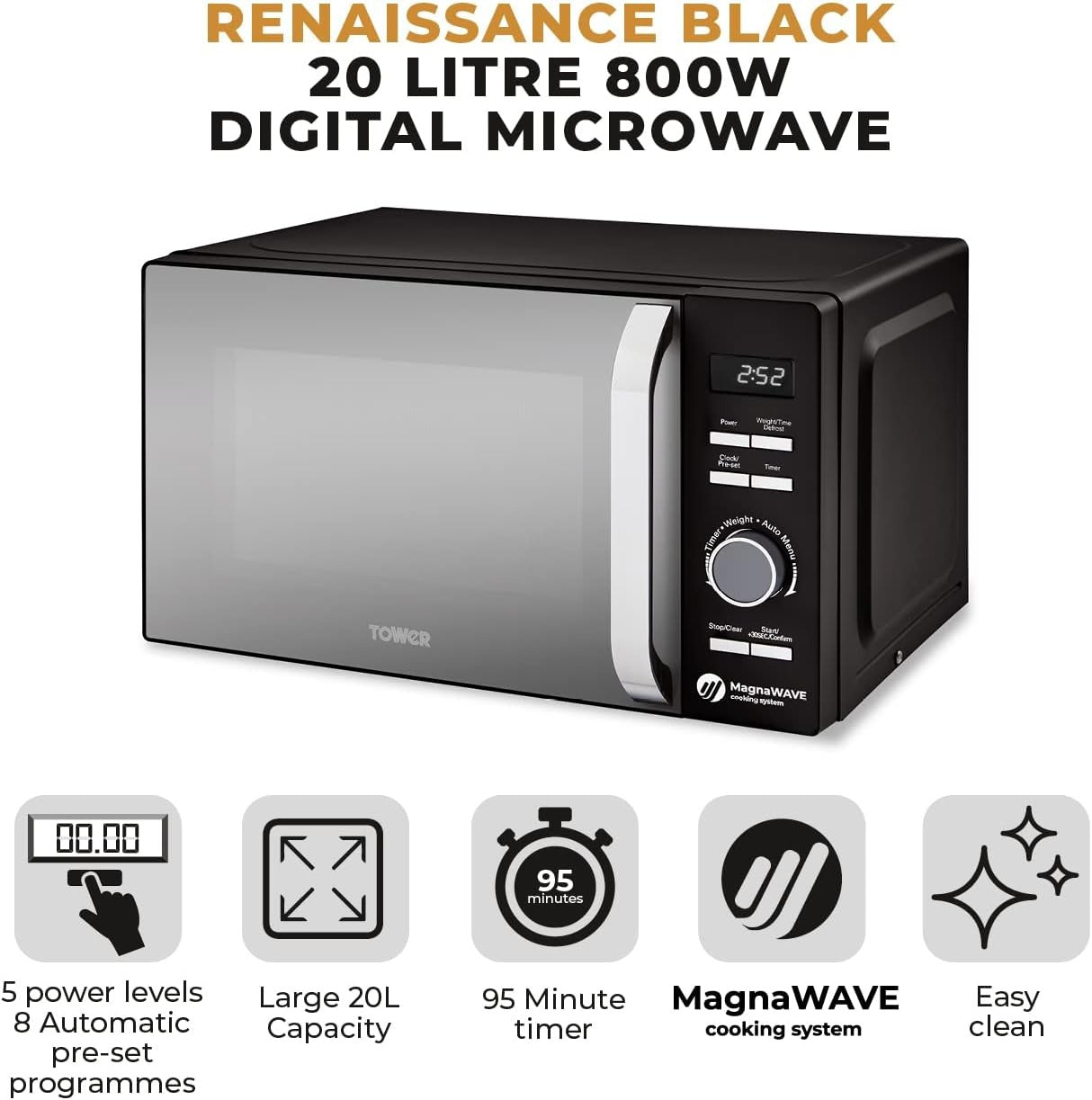 20L 800W Microwave with 5 Power Settings & MagnaWave Tech, Black
