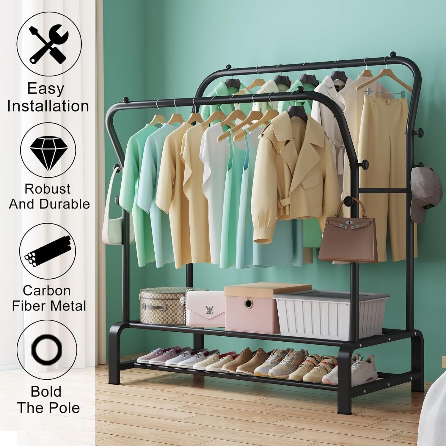 Heavy Duty Metal Clothes Rail Double Rack with Shelves & 8 Hooks Black
