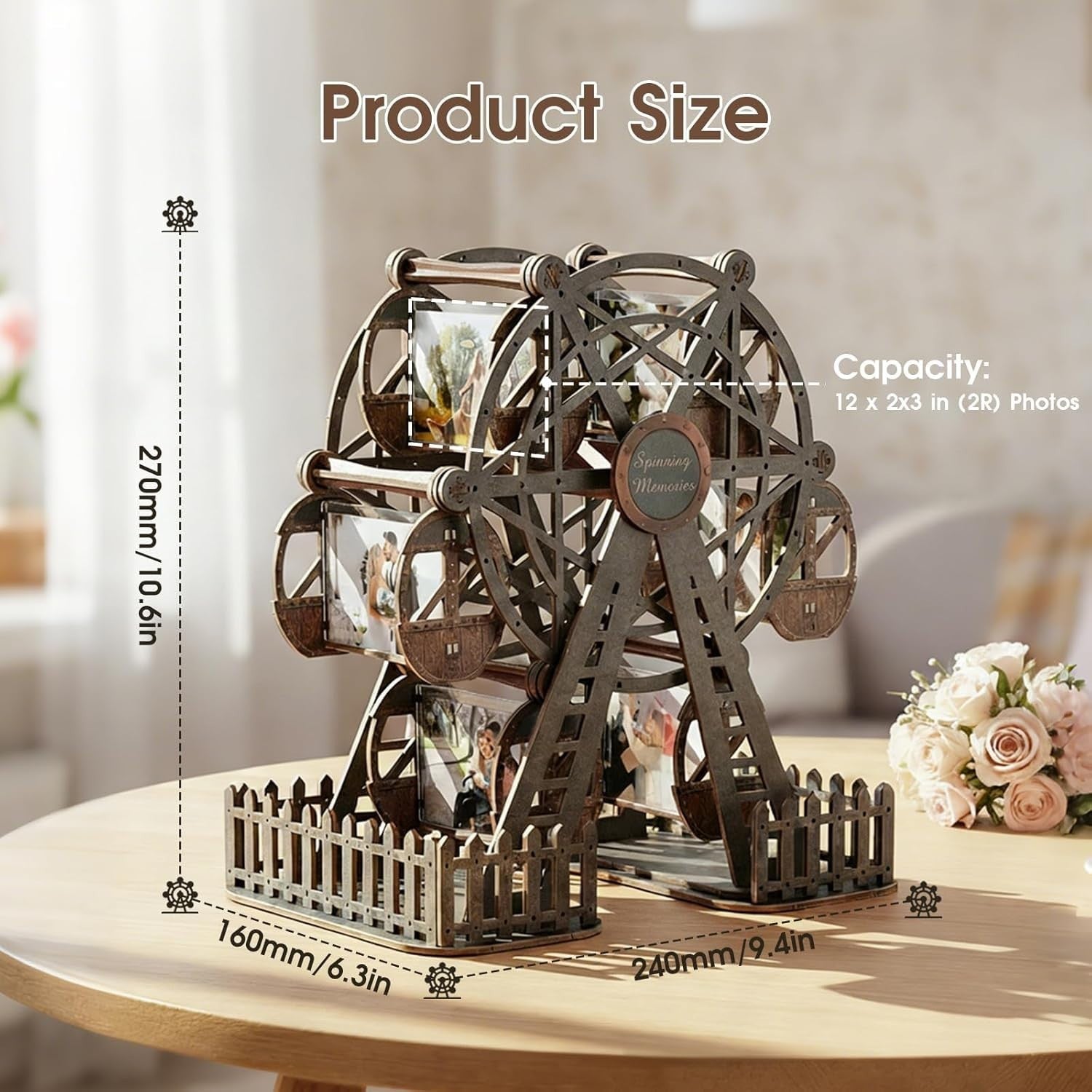 3D Wooden Ferris Wheel Photo Frame Puzzle Rotating Picture Display Gift