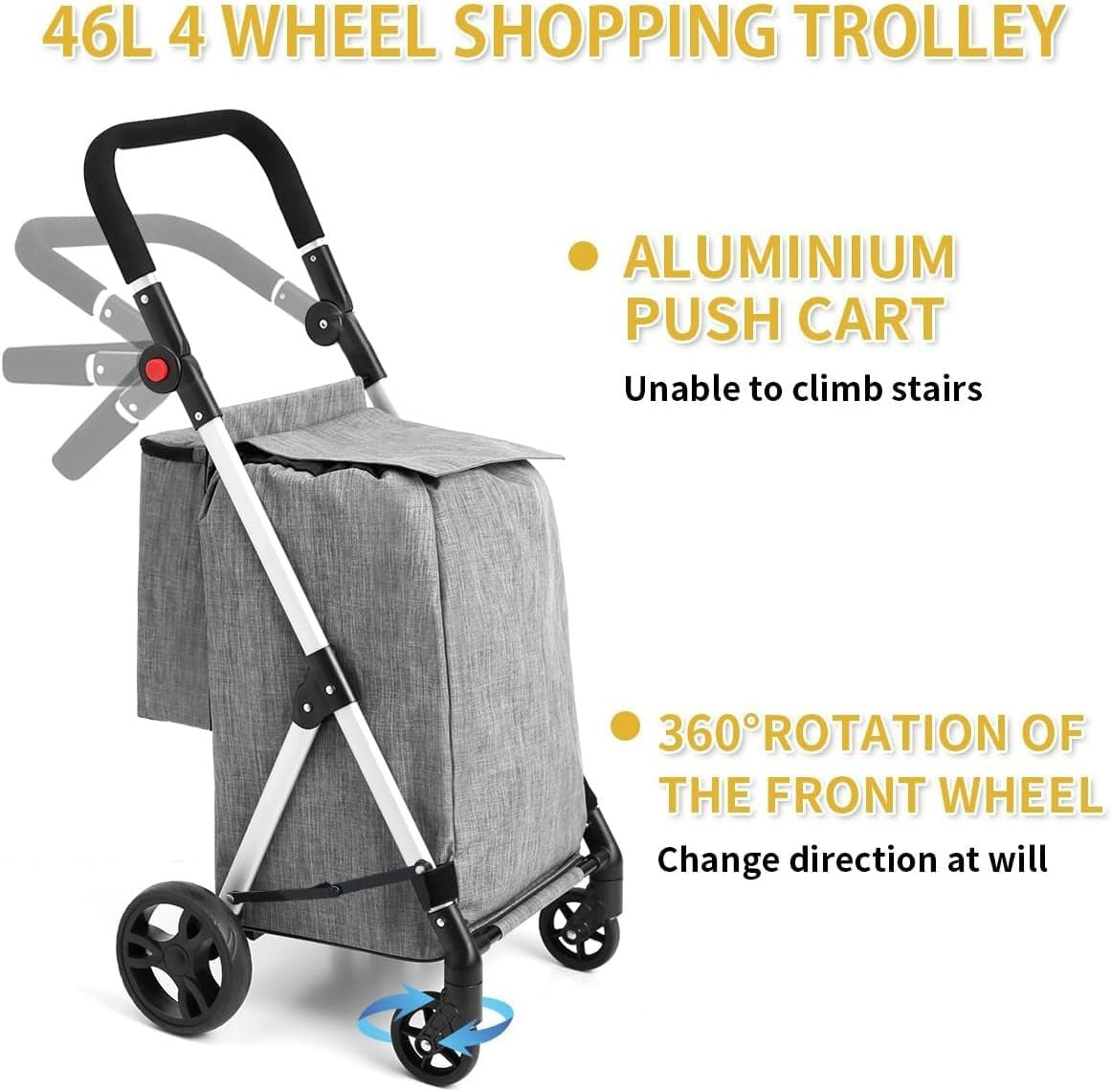 4 Wheel Grocery Shopping Trolley 46L | Foldable Aluminium Cart | Insulated Bag