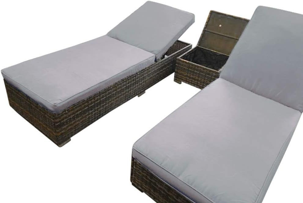 3-Piece Rattan Sun Lounger Set with Cushions & Storage Table, Adjustable Back