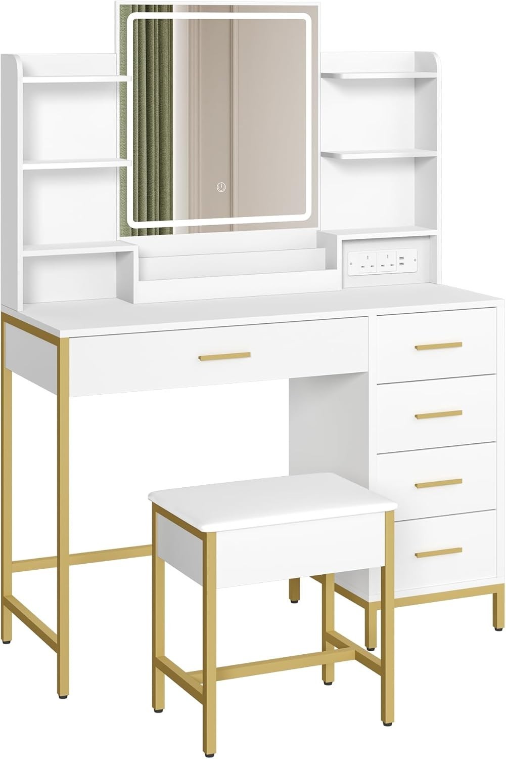 Gold Vanity Dressing Table Set Makeup Desk LED Mirror 5 Drawers Stool White