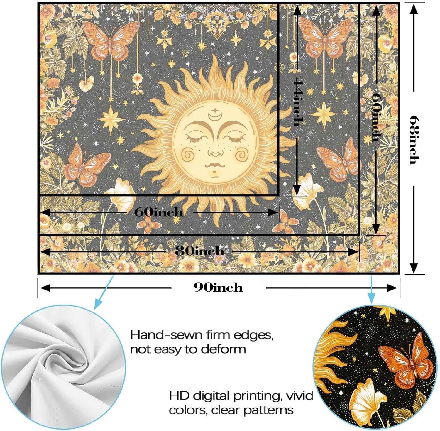Sun Face Tapestry Celestial Butterflies Stars Boho 44x60