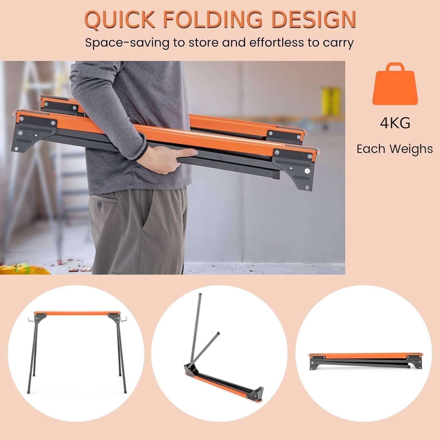 2x Folding Sawhorses 1000kg Heavy Duty Work Trestle with Support Arms