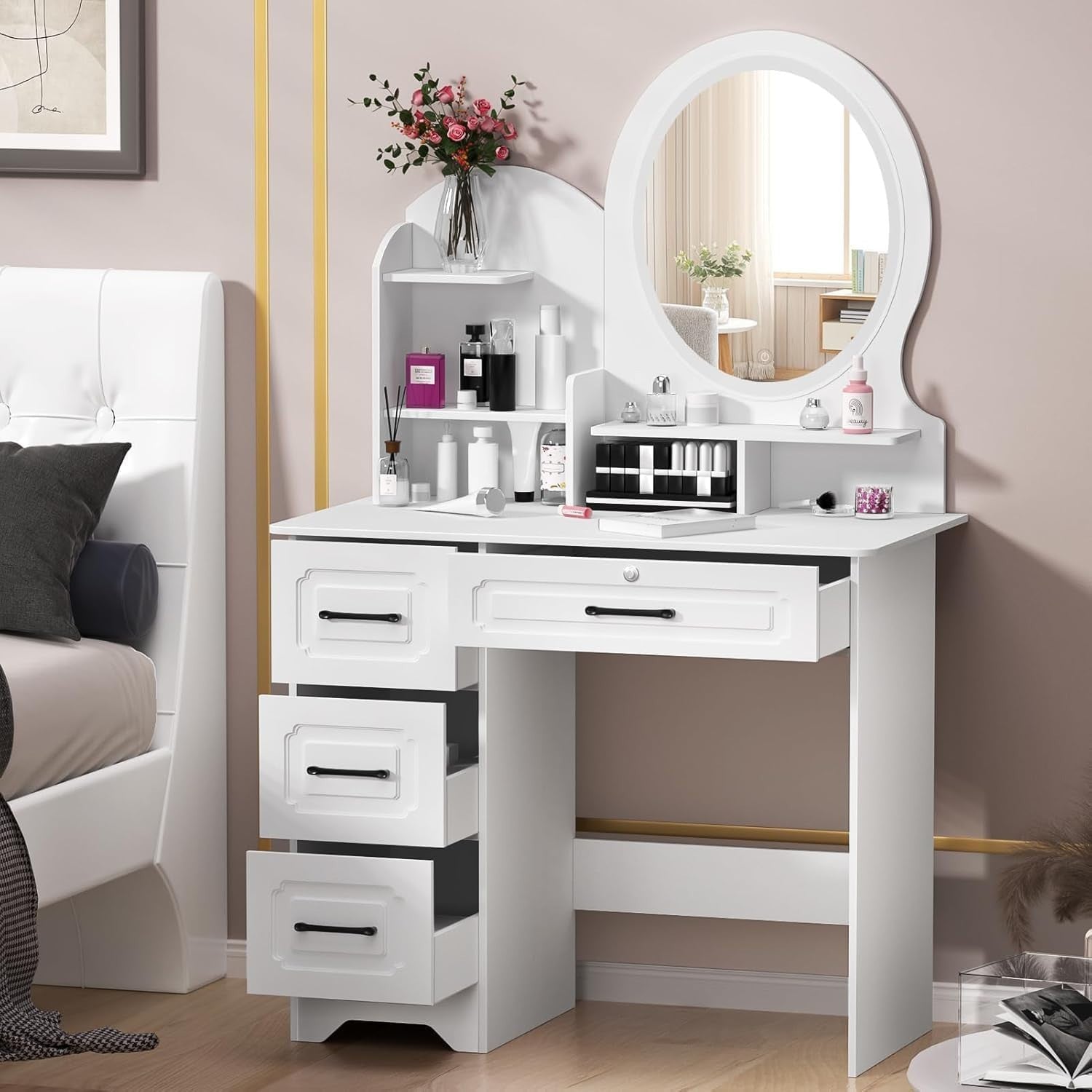 European Style Makeup Vanity Desk Lighted Mirror 3 Color LED 4 Drawers Storage