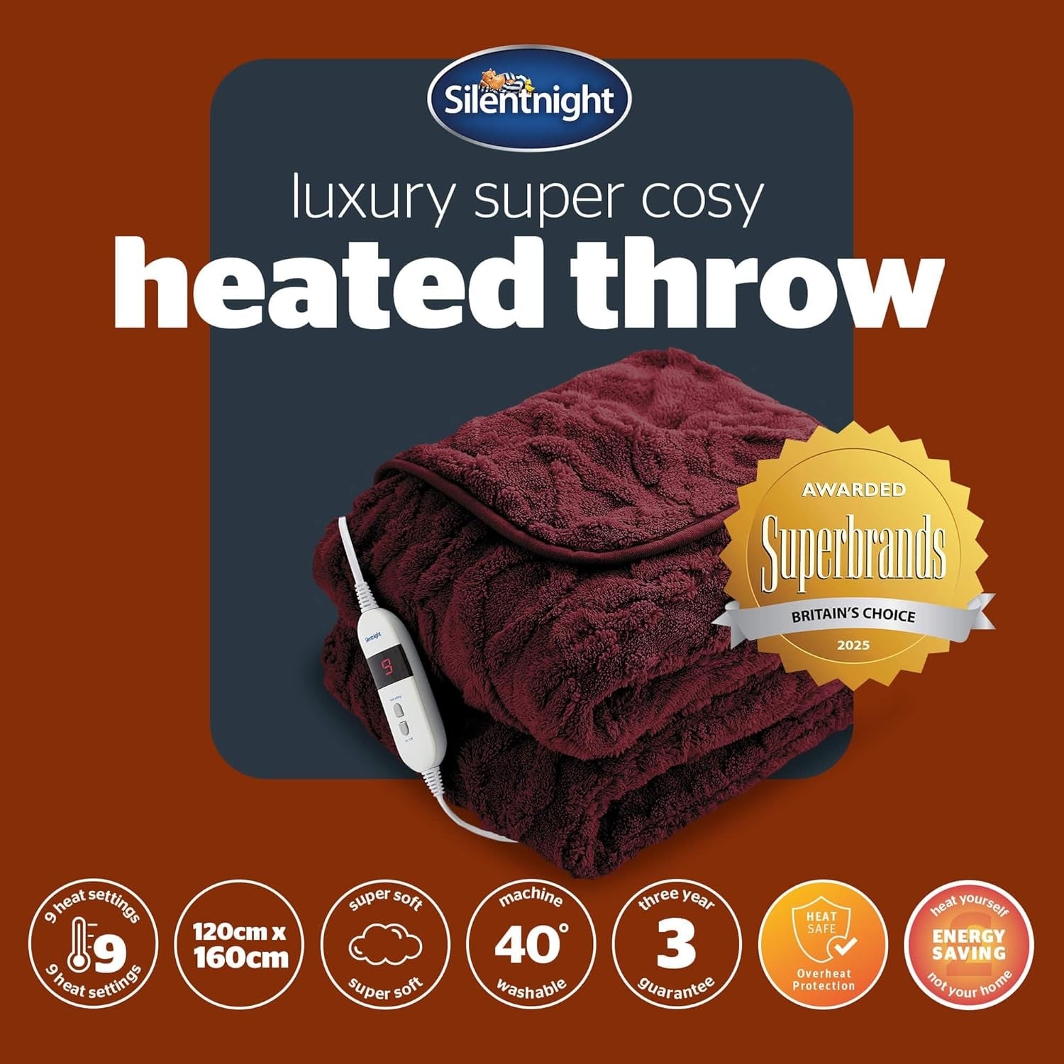 Luxury Heated Throw Blanket Super Cosy Knit Fleece 9 Heat Settings 120x160cm