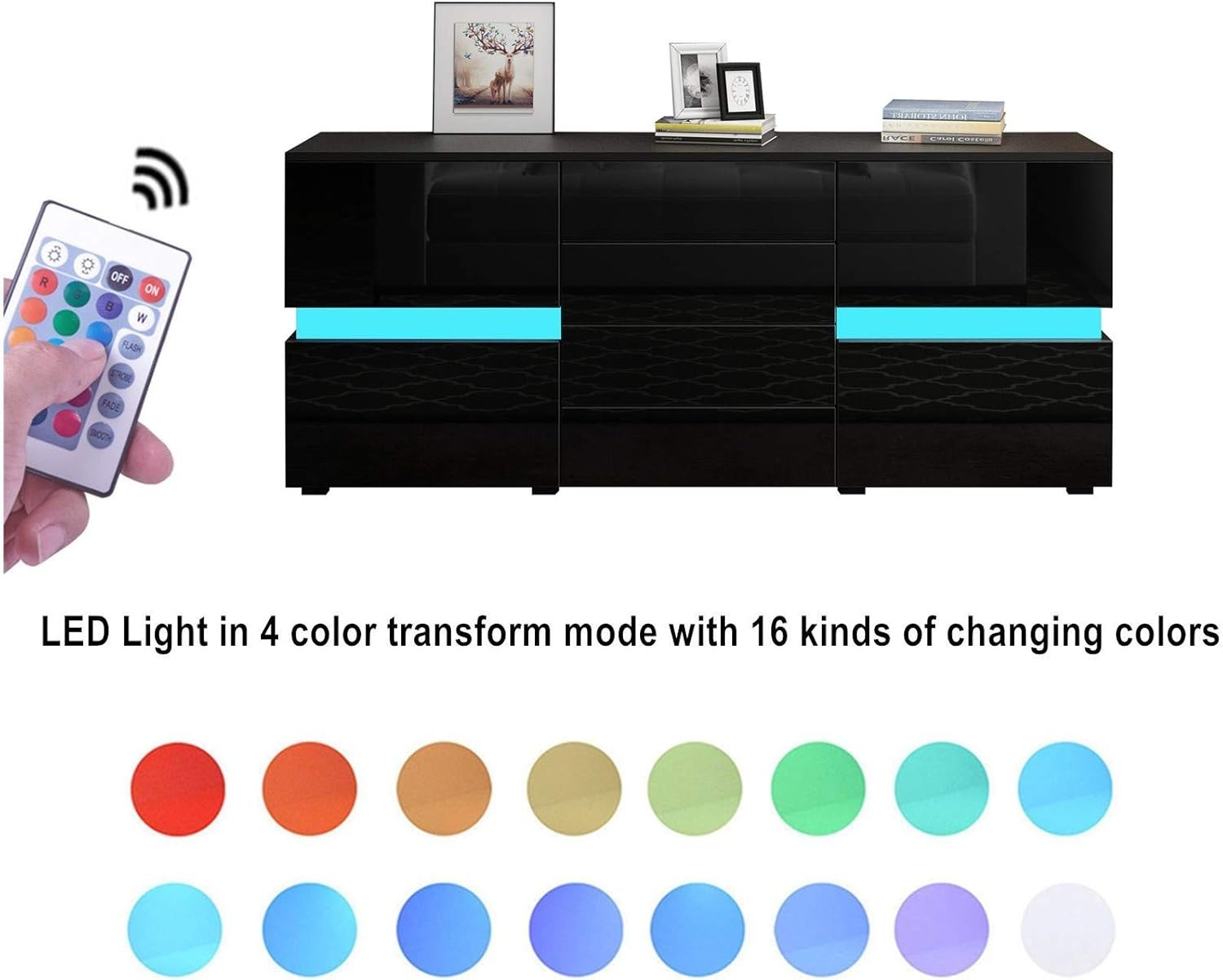 Black Gloss Sideboard LED 4 Drawers 2 Doors Cabinet 177cm TV Unit Modern
