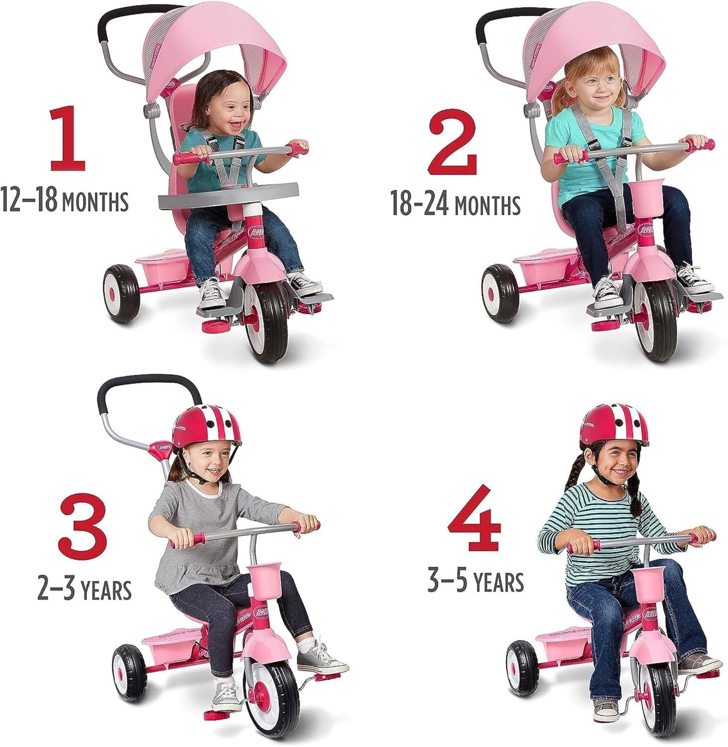 4 in 1 Toddler Tricycle Push Trike w Canopy Parent Handle Pink