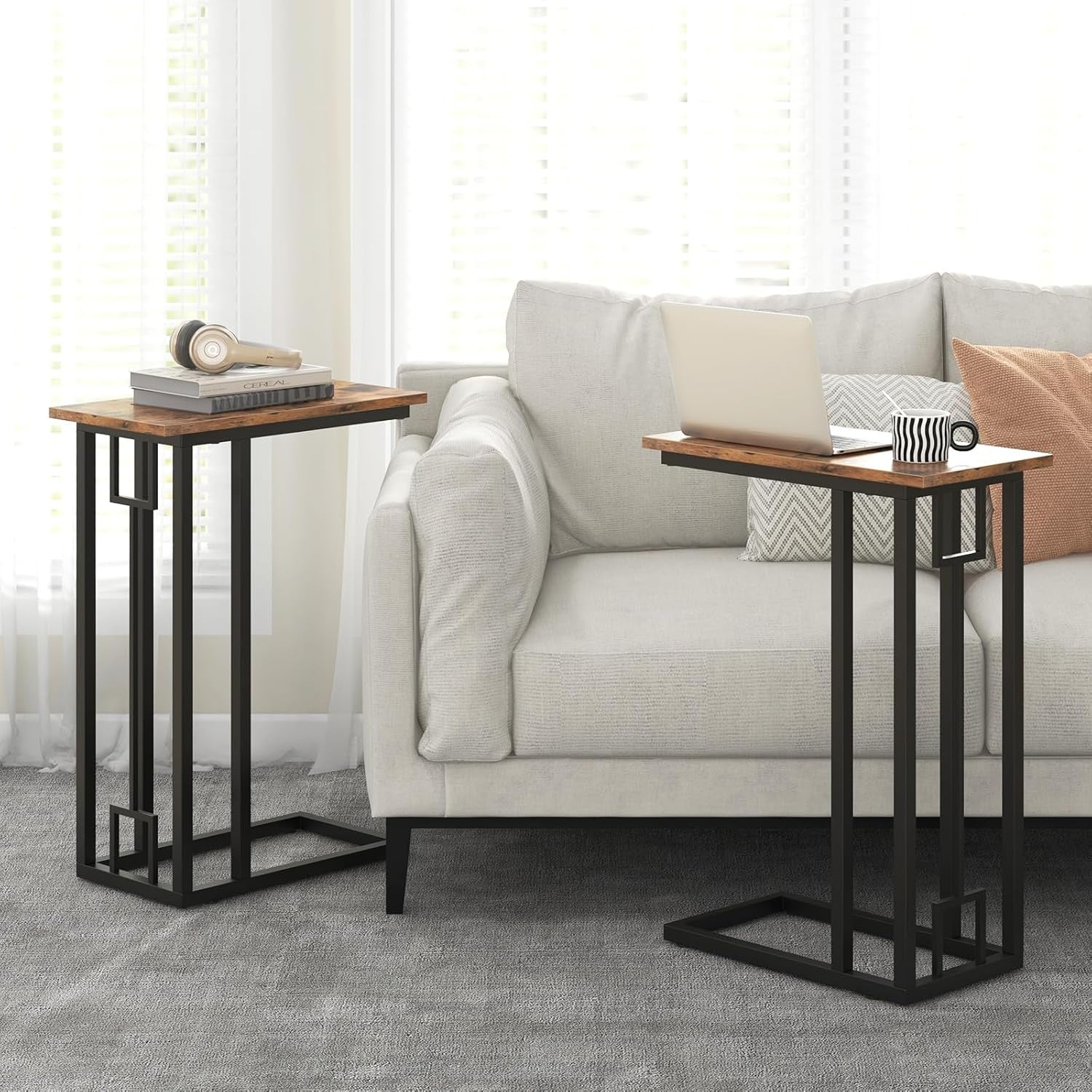 Slim Industrial C-Shaped Side Table with Storage Shelf for Sofa Bed Laptop