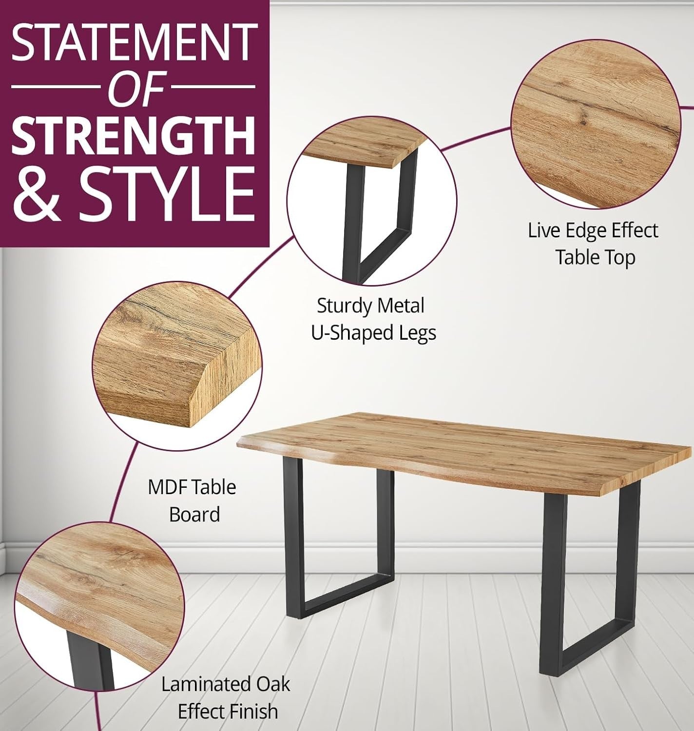 160cm Live Edge Dining Table Oak Effect Metal Legs Modern Industrial