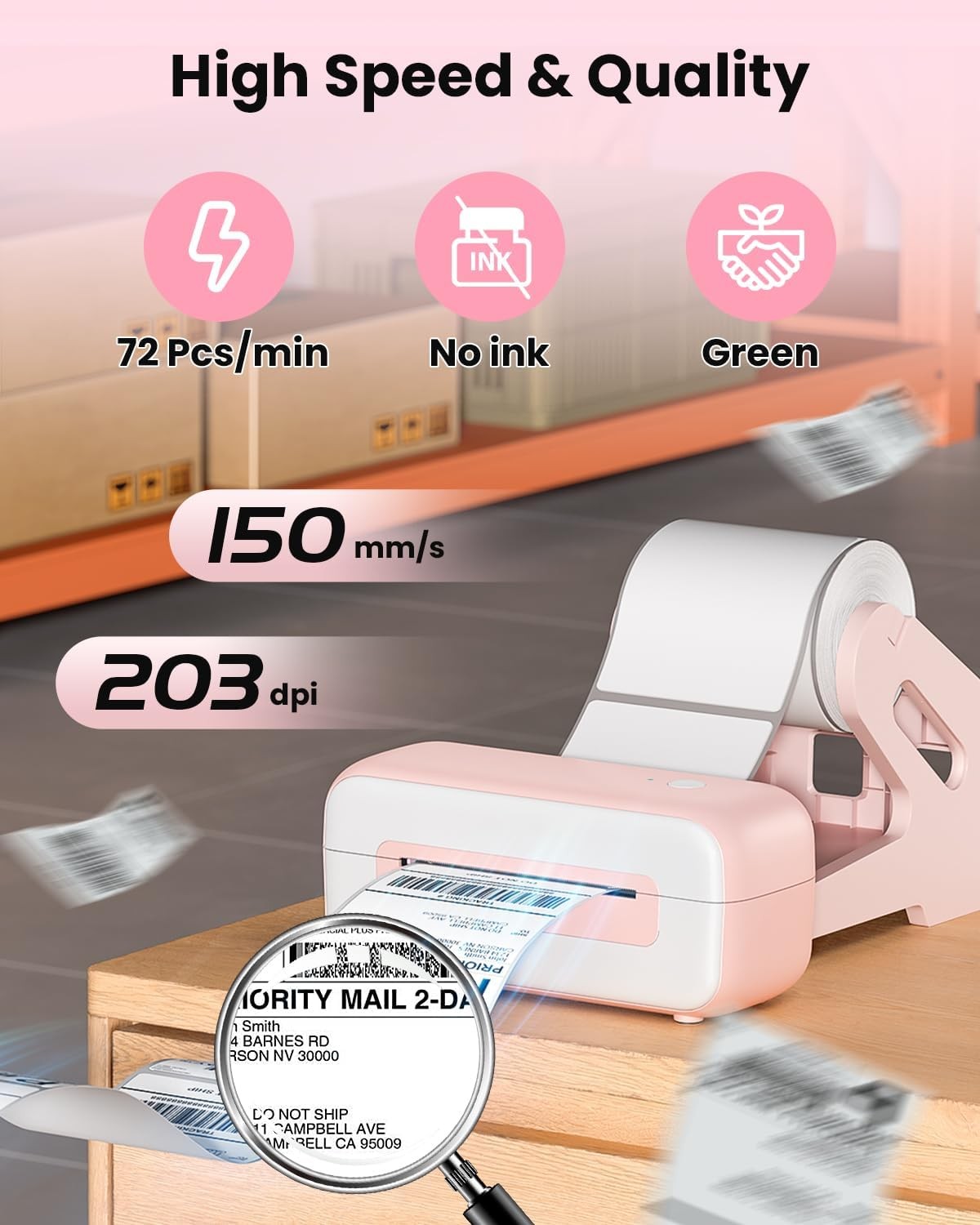 Bluetooth Thermal Shipping Label Printer 4x6 Postage Pink
