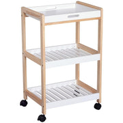 3-Tier Rolling Kitchen Trolley with Tray & Shelves – White Wood Storage