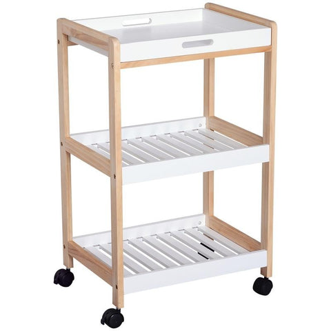 3-Tier Rolling Kitchen Trolley with Tray & Shelves – White Wood Storage