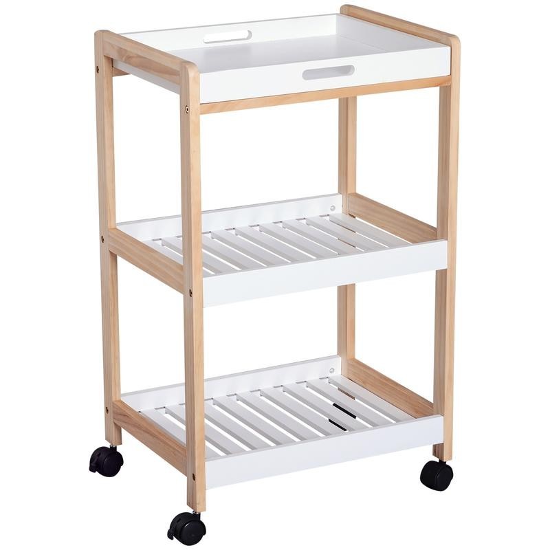 3-Tier Rolling Kitchen Trolley with Tray & Shelves – White Wood Storage