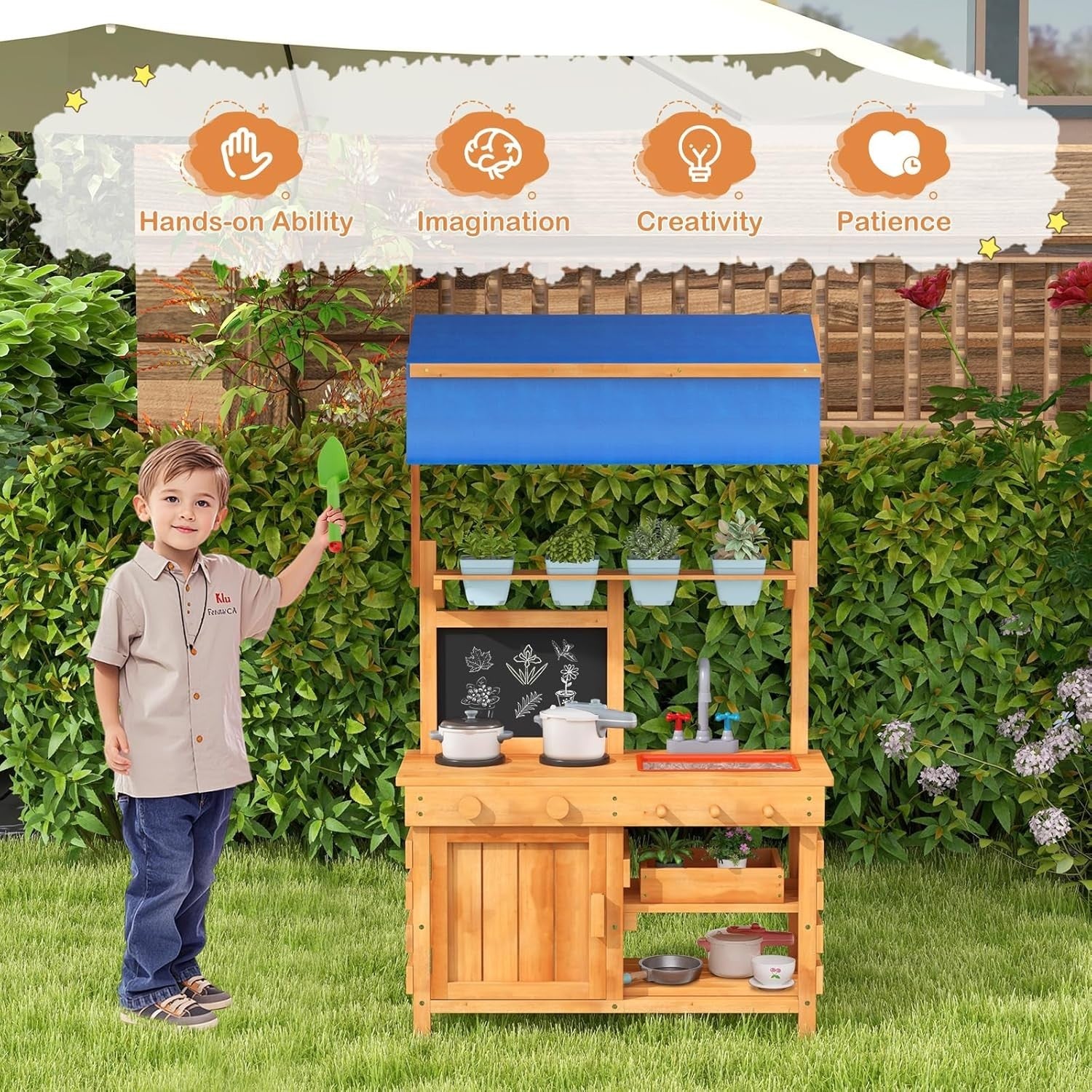 Outdoor Mud Kitchen Kids Playset w/ Canopy Sink Pots Chalkboard