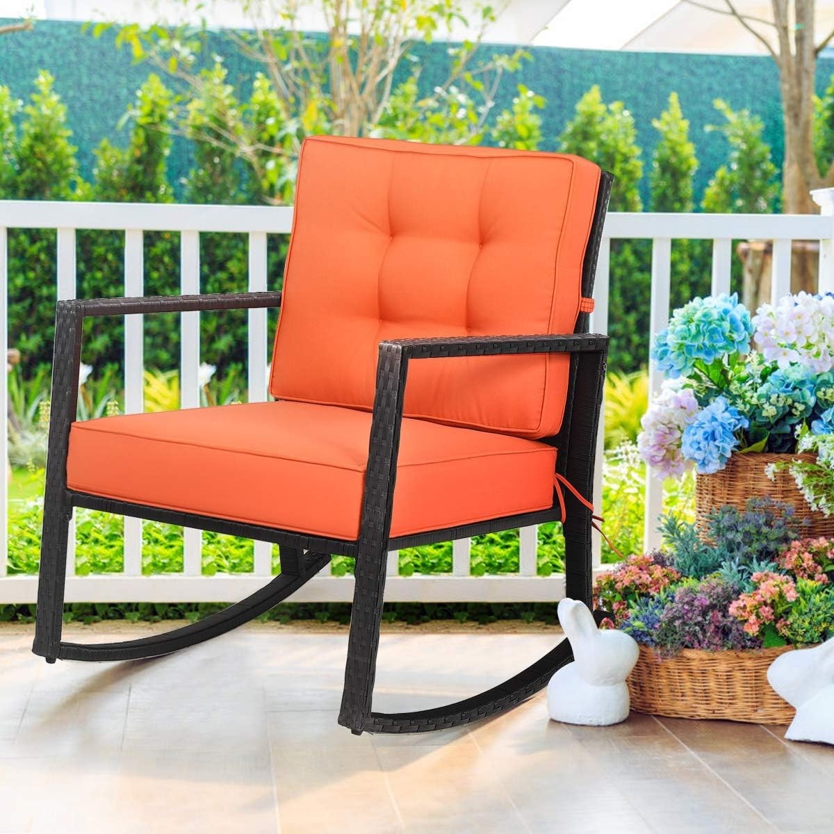 Outdoor Orange Rattan Rocking Chair with Cushions & Armrests Patio Glider