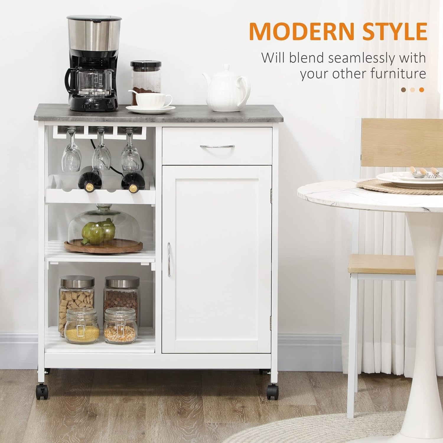 Kitchen Trolley on Wheels with Wine Rack Drawer Storage Cabinet Utility Cart