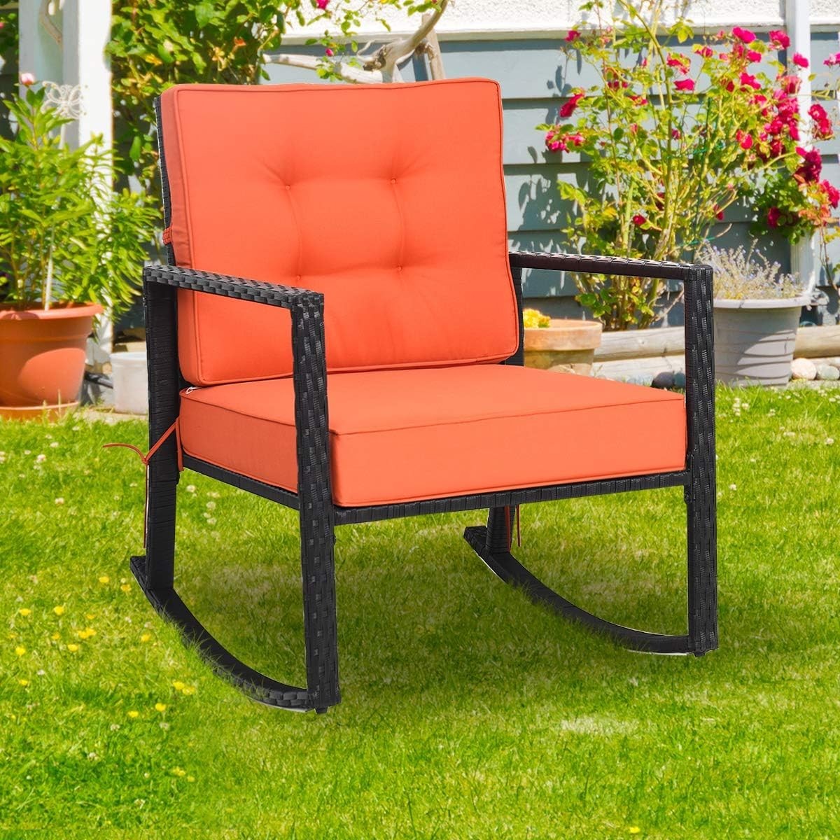 Outdoor Orange Rattan Rocking Chair with Cushions & Armrests Patio Glider