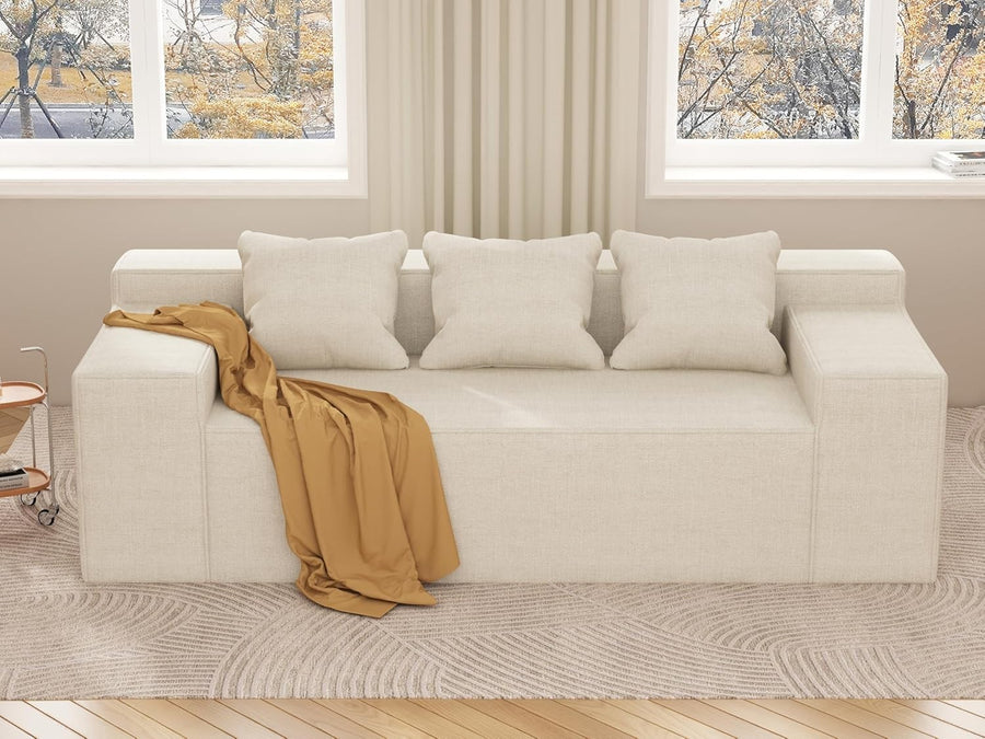 Beige Sofa in a Box 3 Seater Fabric Couch Small Space No Assembly