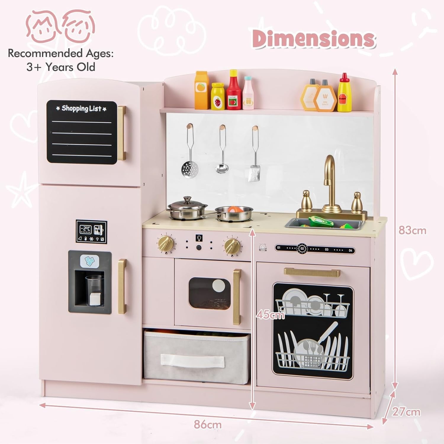 Kids Wooden Play Kitchen w/ Chalkboard Ice Maker Pink Toy