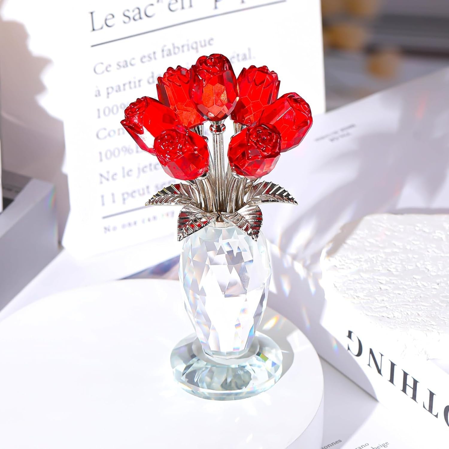 Red Crystal Rose Bouquet Ornament Glass Flower Figurine Gift for Women Decor