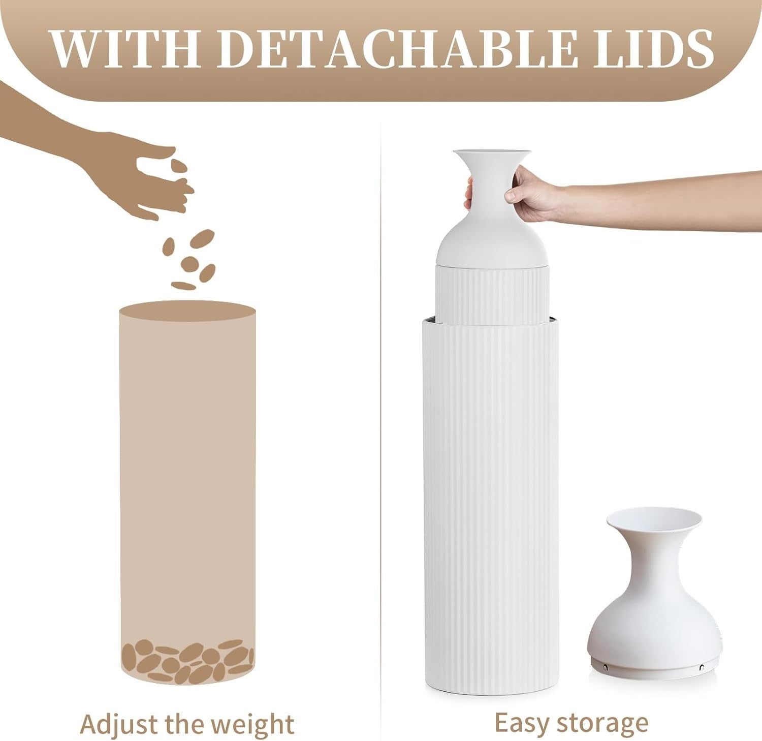 Tall White Metal Floor Vase Set Ribbed Modern Decor for Pampas Grass