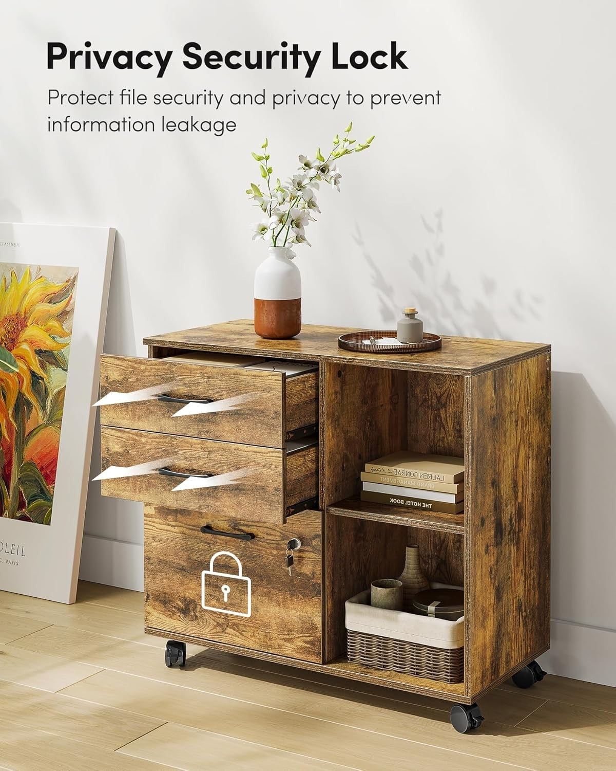 Rustic Brown Mobile Filing Cabinet 80cm Lockable Printer Stand