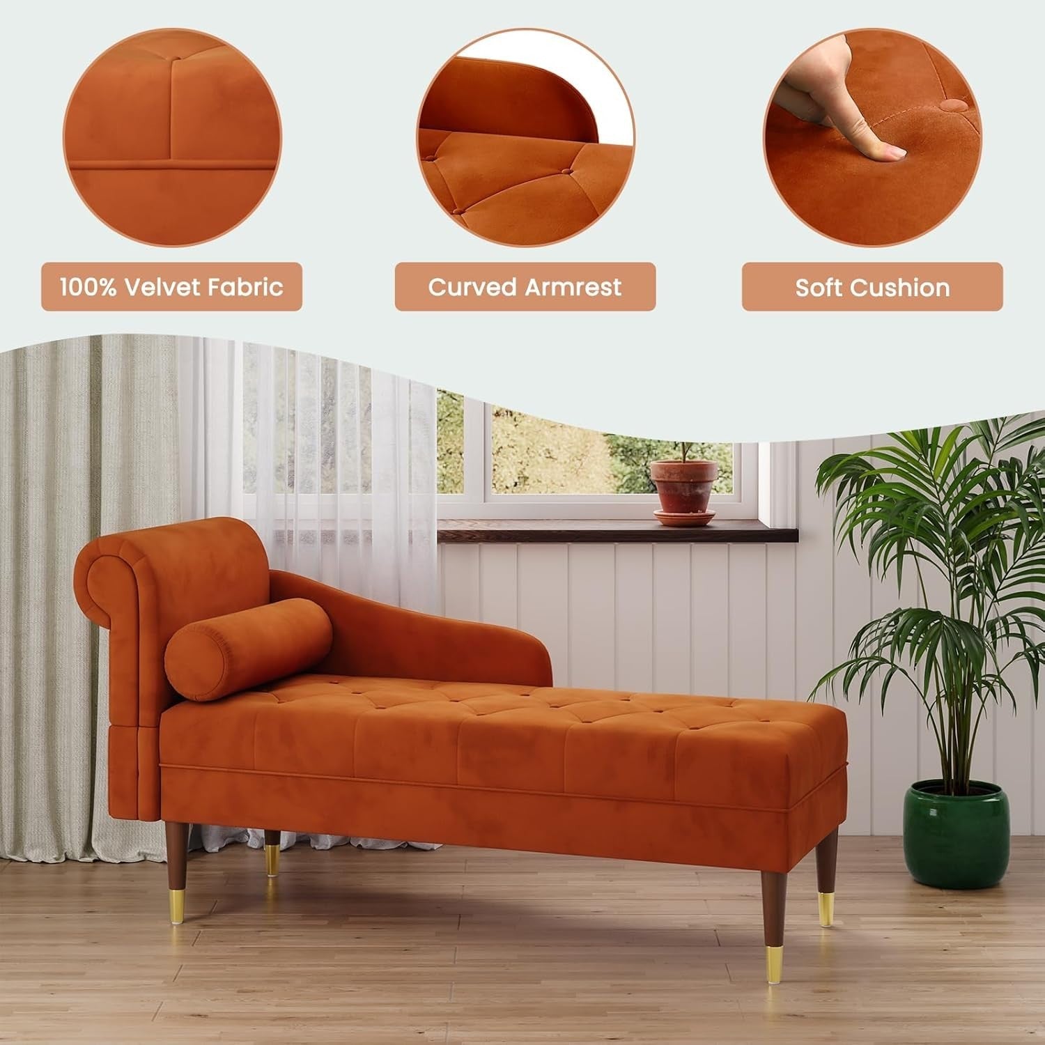 Orange Velvet Chaise Lounge Sofa Left Armrest + Pillow Compact & Stylish